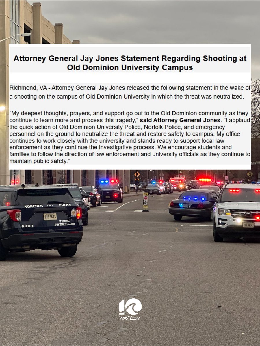 WAVY_News's tweet image. Local and state lawmakers are offering their thoughts and prayers following today’s active shooter on ODU's campus.

Gunman dead, 2 ROTC members critically injured.

Read the full statements and stay updated on the latest developments here: wavy.com/news/virginia-…