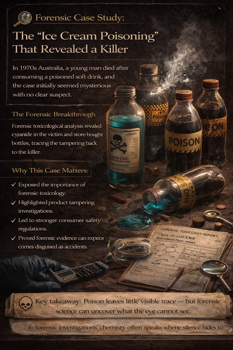 forensicshriya's tweet photo. A young man died after drinking a store-bought beverage in 1970s Australia.

Forensic toxicology revealed cyanide poisoning, exposing deliberate product tampering.

The case showed how chemistry can uncover crimes hidden as accidents. https://t.co/ZtIDD0yvWh