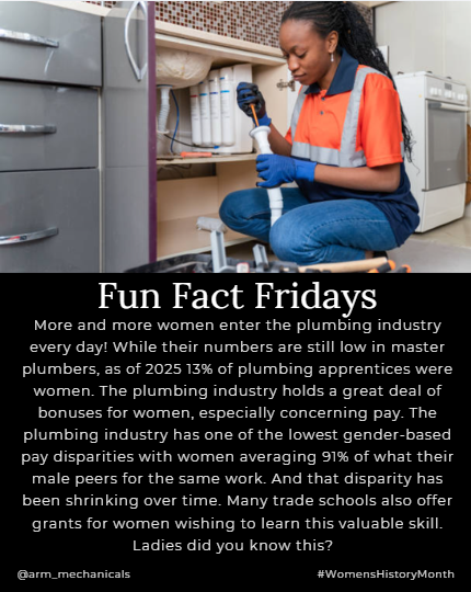 arm_mechanicals's tweet image. As a family company, it warms our hearts here at ARM to see so many women taking on the torch in the trades. Interested in learning more about becoming a master plumber? Have a plumbing concern? Call our professionals today! #FunFactFriday #PlumbingFacts #WomensHistoryMonth2025