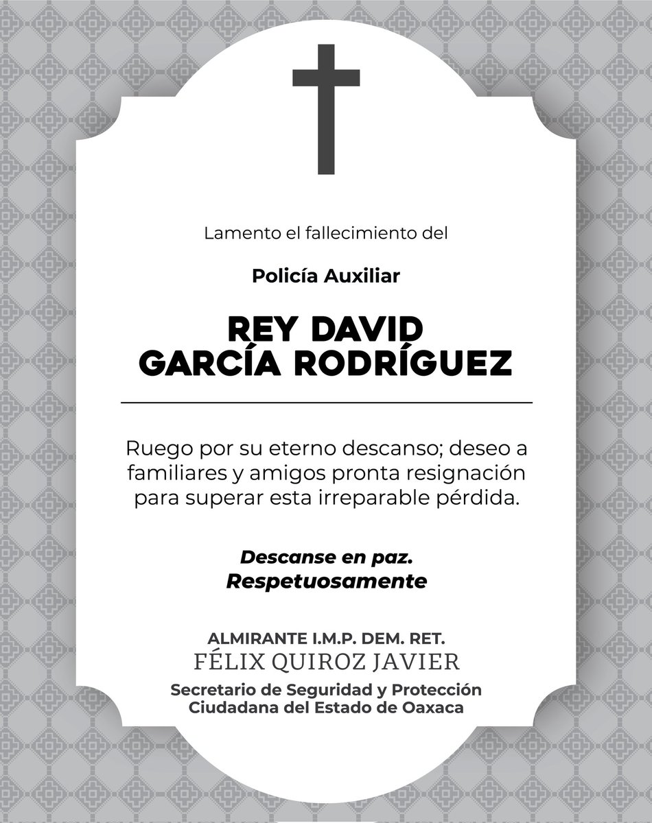 Expreso mi más sentido pésame por el fallecimiento del Policía Auxiliar, Rey David García Rodríguez. 🕊️

​Mis oraciones y solidaridad están con su familia y amigos en este difícil momento. Ruego por su eterno descanso y pronta resignación para sus seres queridos. ​Descanse en paz