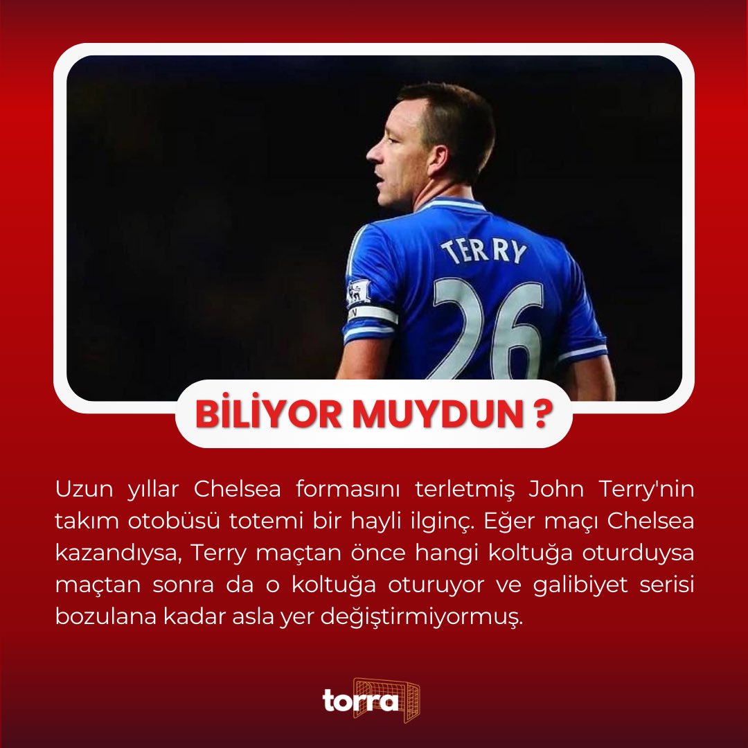 TorraFutbol's tweet photo. John Terry’nin ilginç totemi ⚪️🔵

Uzun yıllar Chelsea formasını terletmiş John Terry'nin takım otobüsü totemi bir hayli ilginç. Eğer maçı Chelsea kazandıysa, Terry maçtan önce hangi koltuğa oturduysa maçtan sonra da o koltuğa oturuyor ve galibiyet serisi bozulana kadar asla yer değiştirmiyormuş.

#johnterry #chelsea
