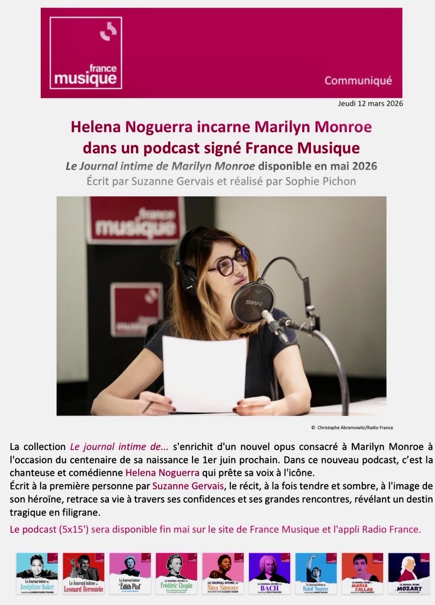 mvoinchet's tweet image. #SavetheDate Helena Noguerra incarne Marilyn Monroe dans un podcast signé France Musique : « Le Journal intime de Marilyn Monroe » disponible en mai 2026. Écrit par Suzanne Gervais  et réalisé par Sophie Pichon. francemusique.fr #Poupoupidou #Marilyn100 #Podcast