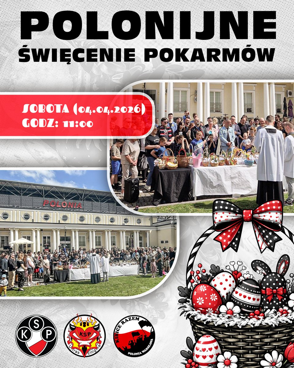 Świąteczna tradycja 🐰

<a href="/EnigmaUltras/">Ultras Enigma</a> i Kibice Razem, przy współpracy z <a href="/Polonia1911/">Polonia Warszawa</a>, zapraszają w Wielką Sobotę na wspólne Święcenie Pokarmów, które odbędzie się na dziedzińcu przy K6 o godz. 11:00.

To idealna okazja, aby przyjść na Polonię i podtrzymać świąteczną tradycję.