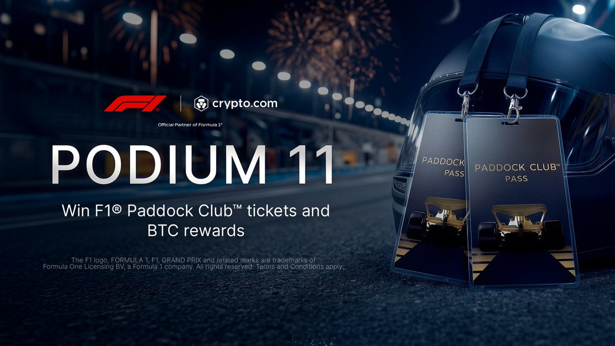cryptocom's tweet photo. 7 days left: Last lap of the Podium 11 Campaign 🏁

🏎️ @F1 Paddock Club™ tickets and US$1,000 of BTC for the top trader
✅ Buy US$100 of eligible crypto to join

🌍 Exclusive to traders in the GCC
📅 Until Mar 20

Details 👉 https://t.co/MwogID09ax https://t.co/aK2kAweEqk