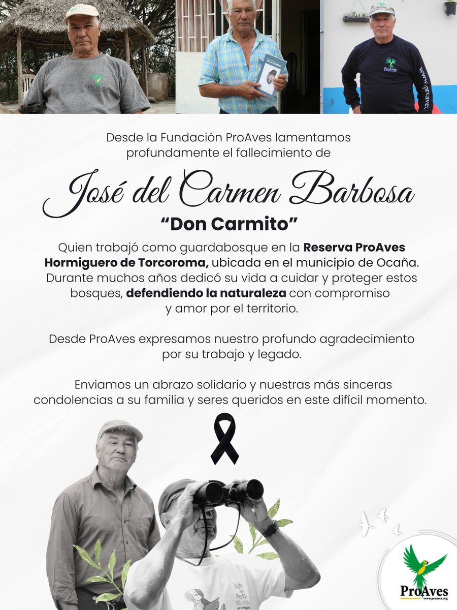 Despedimos con gratitud a José del Carmen Barbosa “Don Carmito”, quien fue guardabosque de la Reserva ProAves Hormiguero de Torcoroma y dedicó muchos años de su vida a proteger y defender estos bosques. 🌿