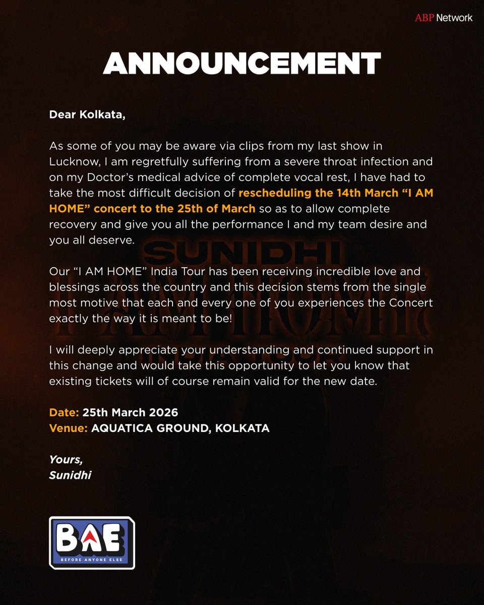 abplive's tweet image. Singer Sunidhi Chauhan’s Kolkata concert has been rescheduled to March 25 following medical advice due to health concerns. The concert, which was originally scheduled for March 14, has been postponed keeping the singer’s health in mind.

#SunidhiChauhan #Kolkata #LiveConcert #BAE