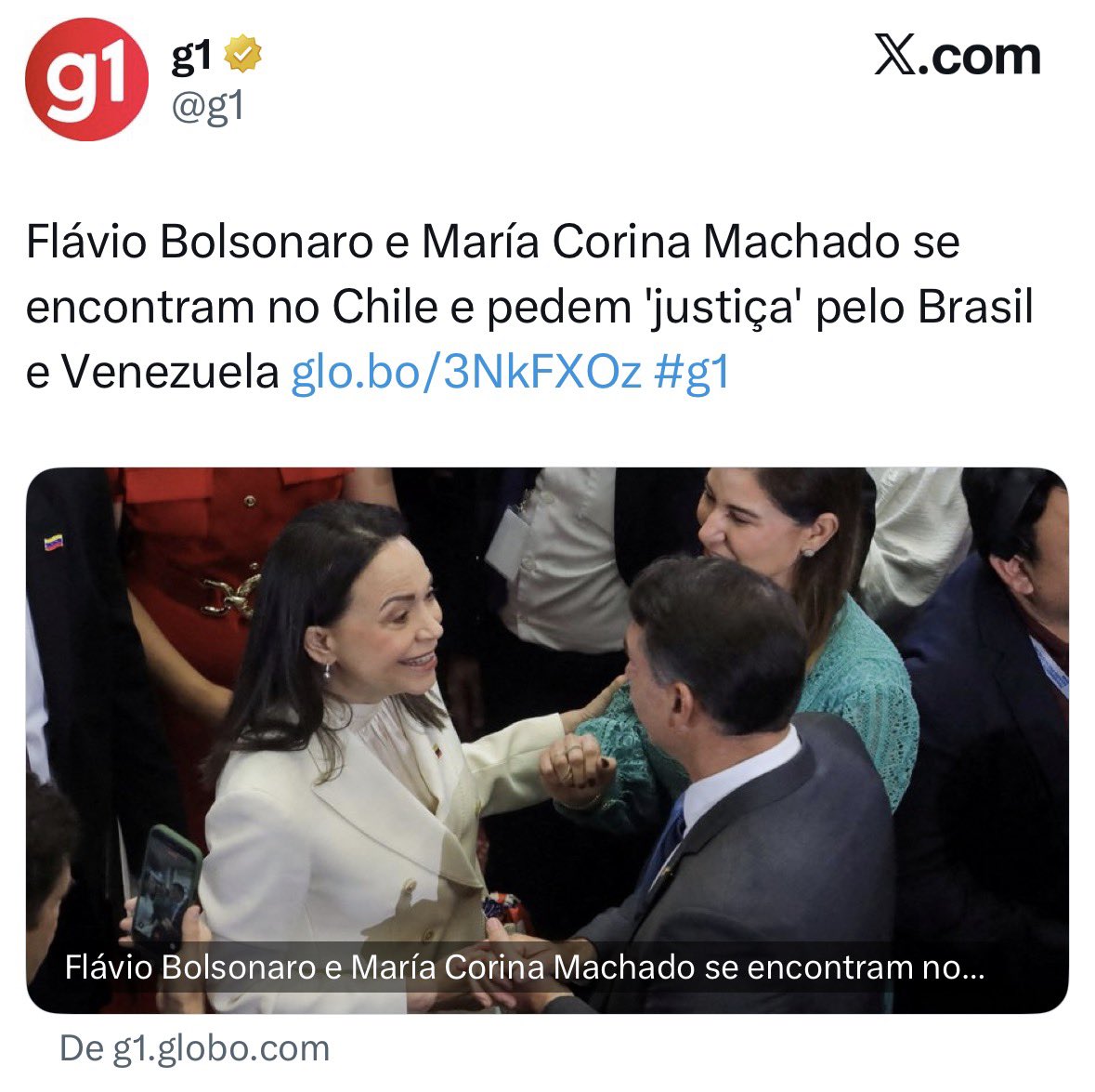 rfotios's tweet photo. Flávio Bolsonaro e María Corina Machado se encontram no Chile e pedem golpe no Brasil como foi feito na Venezuela. https://t.co/uQpftnA5lE