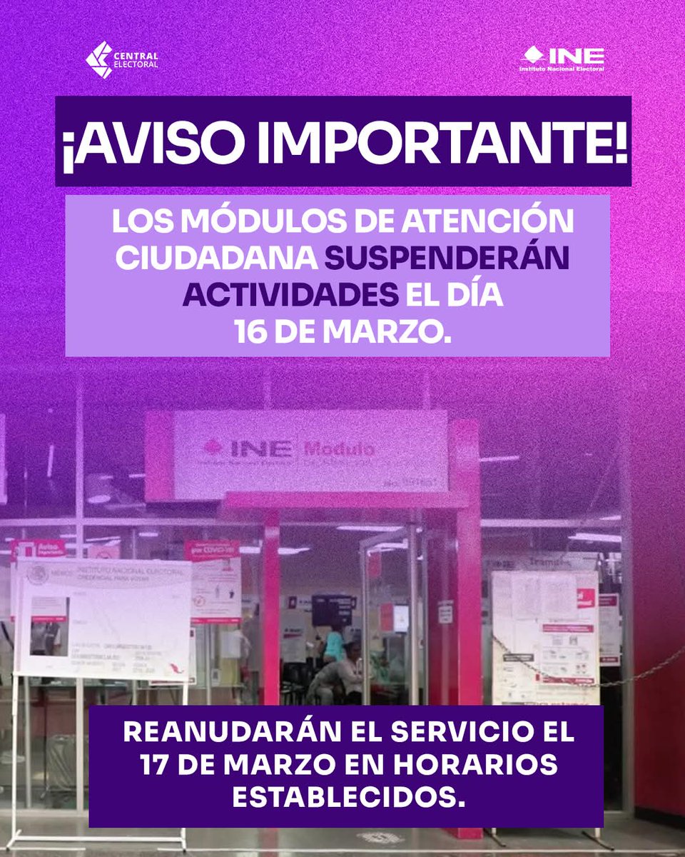 🗓️ ¡Que no se te pase! 

Si tienes planeado acudir a un #MóduloDeAtenciónCiudadana, toma nota de esta información:

❌ Lunes 16 de marzo: SUSPENSIÓN de actividades. 
✅ Martes 17 de marzo: Se reanuda el servicio en horarios habituales.