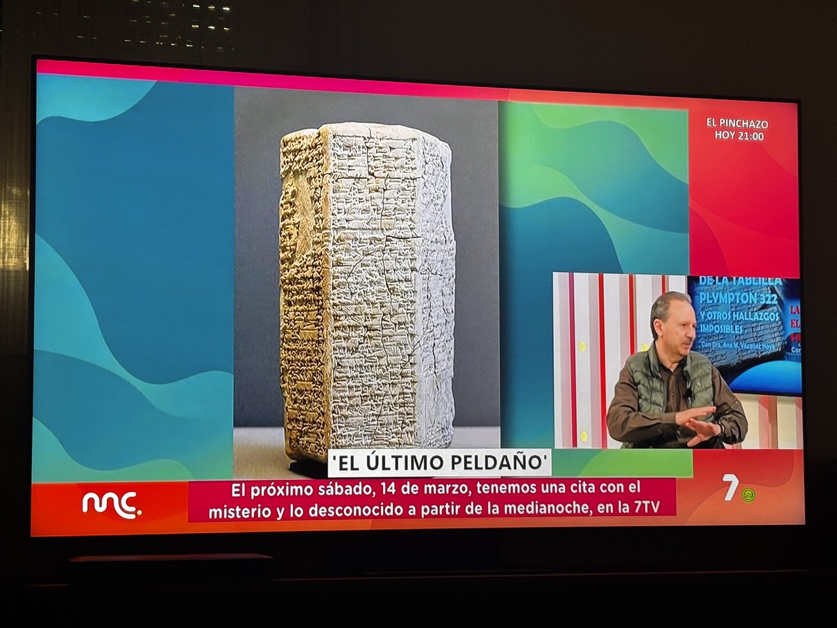 ConchaVlc34339's tweet photo. ahora @JoaquinAbenza_ con @Enca_talavera @elultimopeldano  .

el sábado en @la7tele  sobre la medianoche  La Dra. Ana M. Vázquez la tablilla Plympton 322 y su secreto matemático. El escritor Cristian Puig nos cuenta los orígenes históricos del caso UMMO 
#elultimopeldano
#UMMO https://t.co/V93sWzRmVa