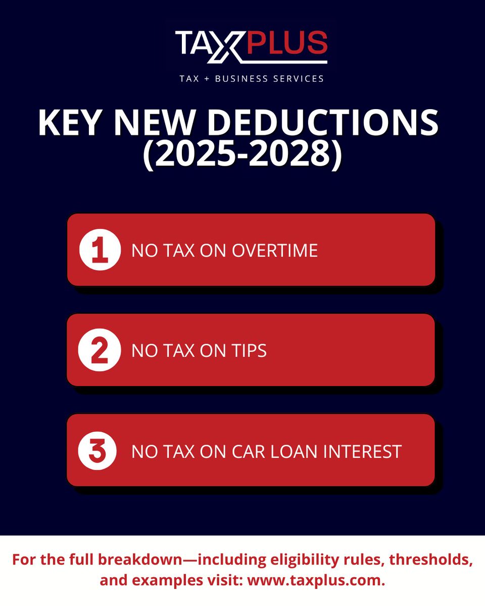 TaxPlusCA's tweet photo. Tax season is here, and new deductions may apply to you. Do you know which ones you qualify for? Our team has outlined the key reductions and important updates you should review before filing. 

Click here for a full breakdown:  https://t.co/lkRw4tVCiV https://t.co/Bz7xew59sj
