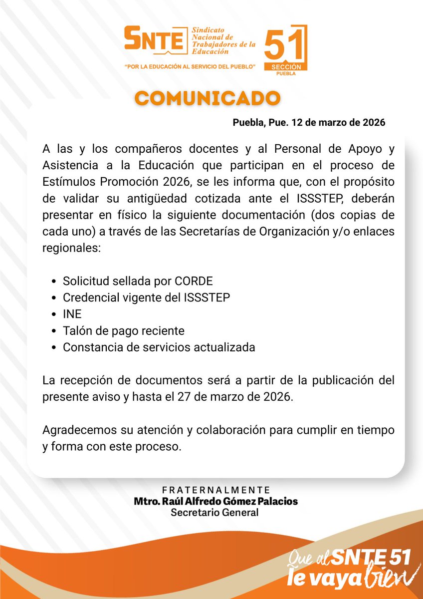R_AlfredoGP's tweet photo. 🟠A V I S O🟠
👉Para compañeras y compañeros que participan en el Proceso de Estímulos Promoción 2026.
#QueAlSNTE51LeVayaBien https://t.co/qWm1e80czd