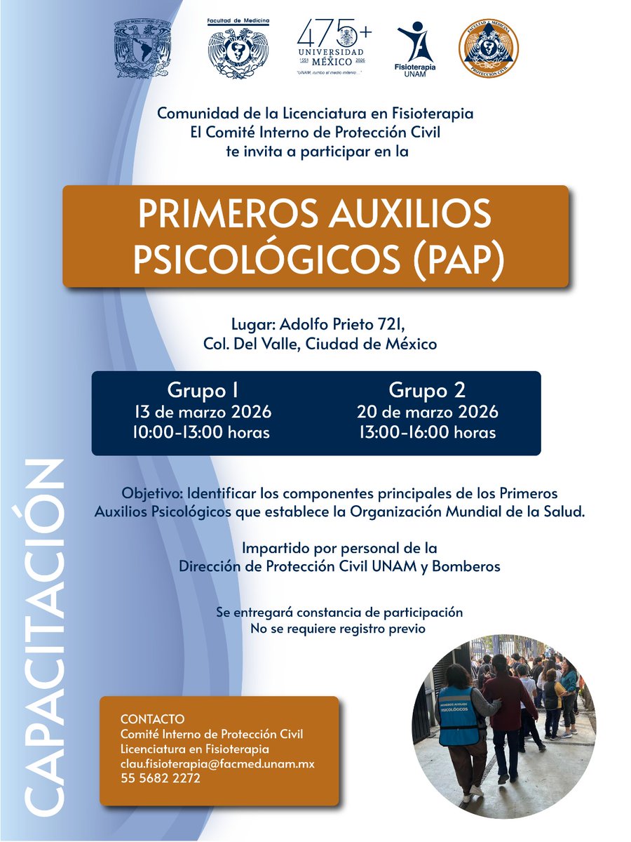 fisiounam's tweet photo. La Licenciatura en Fisioterapia y el Comité Interno de Protección Civil, te invitan a participar en la capacitación de Primeros Auxilios Psicológicos (PAP).
 
#FisioterapiaUNAM #ProtecciónCivil #PrimerosAuxiliosPsicológicos #ComunidadUNAM #Capacitación #SaludMental https://t.co/5cm4pgtOra