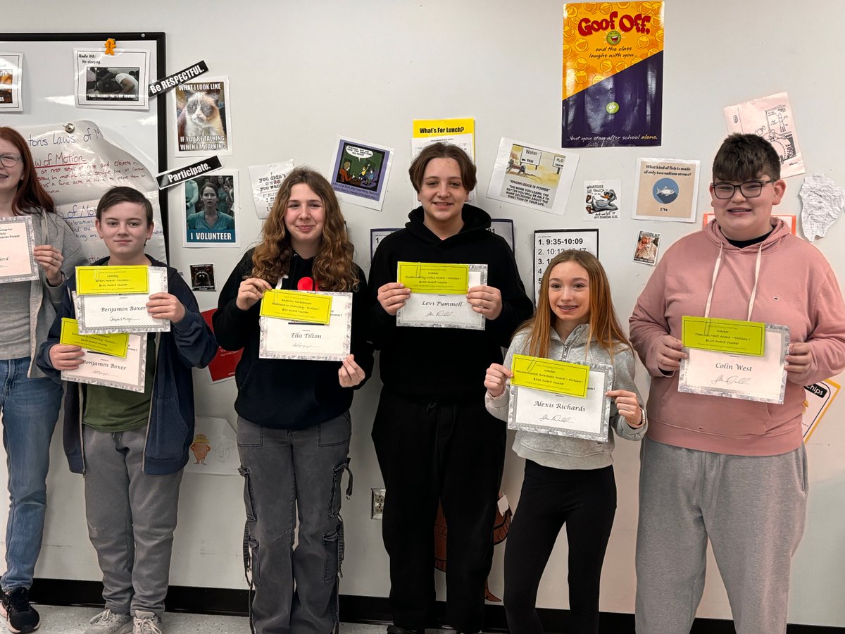 Mrs. Hughes' Accelerated Science class won over $1,250 in prizes this year at the STEM Fair!  Their hard work paid off with some students taking home first place in their division! Here are some pictures of the students and their prizes. Great job 8th graders!