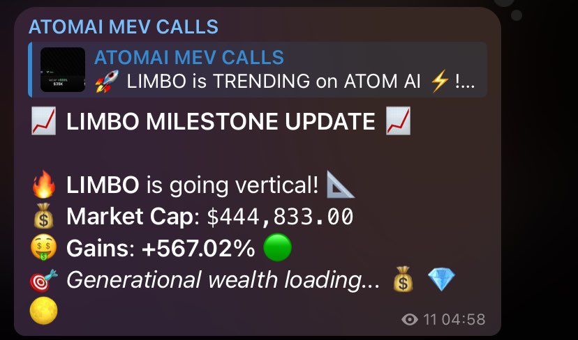 AtomAiMev's tweet photo. ATOM AI STRIKES AGAIN! 🚨

• ATOMAI called $LIMBO  at $66K MC
• Now sitting at $444k Market Cap!

• +567% Gain | 7X Return

• Early callers already printing serious profits.
• Don’t miss the next moonshot! https://t.co/TP2fETdAc1