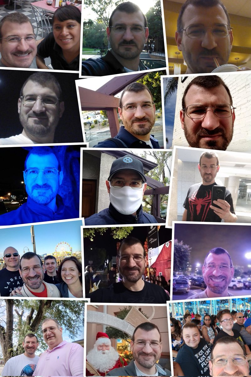 My #Android phone just created this cool collage of selfies. Looking at them, they're in chronological order. The upper left from 2014, the very center with the mask from the start of the pandemic, and the lower right from this past summer 2025.