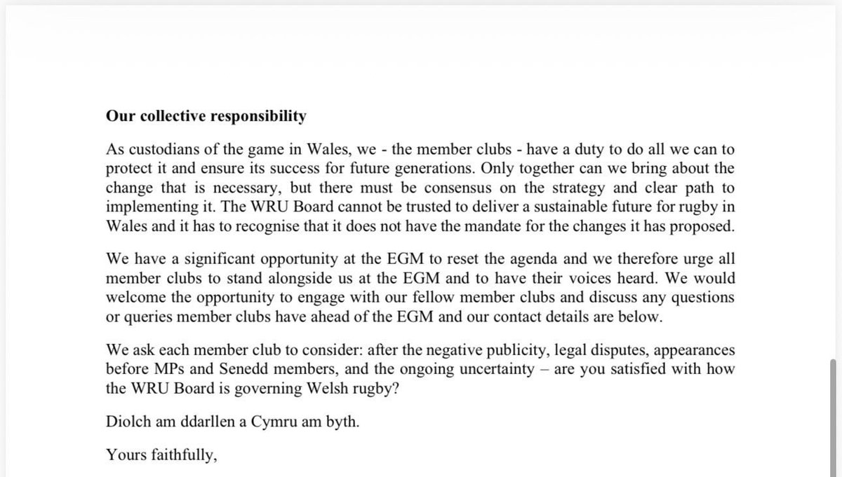 CraigosP1's tweet photo. Everyone should read the recent letter from CG. It captures the growing disconnect between the WRU leadership, fans, and grassroots members, while firmly debunking the misinformation circulating on social media. It exposes the lack of respect shown by the WRU. https://t.co/j0rqUDMFy9