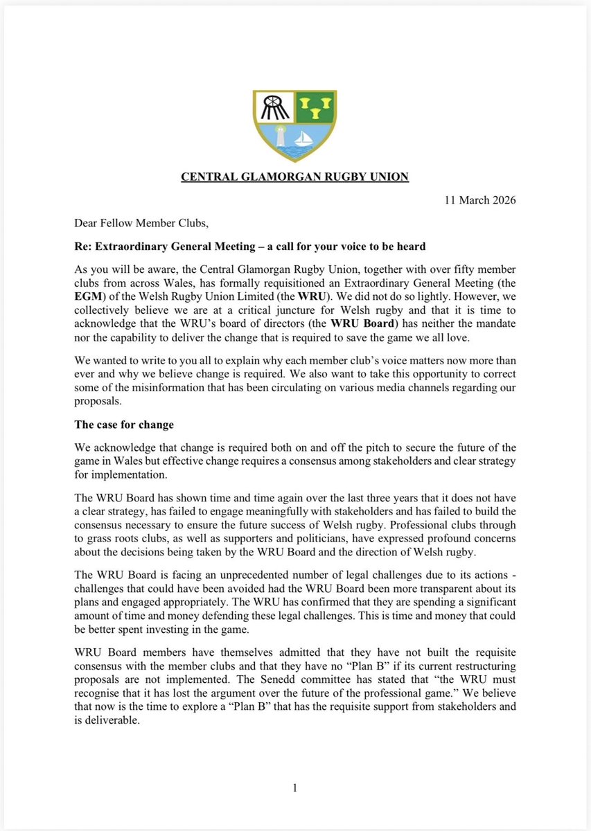 CraigosP1's tweet photo. Everyone should read the recent letter from CG. It captures the growing disconnect between the WRU leadership, fans, and grassroots members, while firmly debunking the misinformation circulating on social media. It exposes the lack of respect shown by the WRU. https://t.co/j0rqUDMFy9