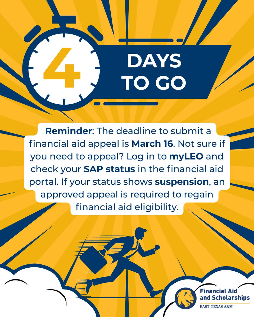 Between naps, snacks, and Spring Break adventures 🌴😴 don’t forget: financial aid appeals for the spring semester are due March 16! Log in to myLEO and check your SAP status to be sure you’re all set. ⏳📚 #ETAMU #financialaid #FAFSA #collegeready #studentaid #springbreak
