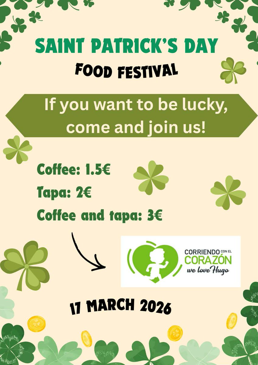 El martes 17 celebraremos el día de San Patricio con un almuerzo solidario. Todo lo recaudado irá destinado a la asociación Corriendo con el Corazón por Hugo. ¡Os animamos a participar!
#StPatricksDay2026 #stpatricksday