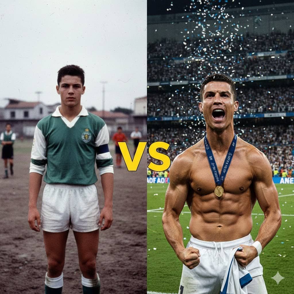 الفرق بين الصورتين ليس مجرد سنوات.. بل هو إصرار لا يعرف المستحيل، وعملٌ لا يتوقف حتى في لحظات الشك. 🔥⚽️

في البداية كان حلماً، واليوم أصبح أسطورة يقتدي بها الملايين. لا تستصغر بداياتك، فكل العظماء بدأوا من نقطة الصفر.

العبرة: لا تقارن بدايتك بمنتصف طريق الآخرين، فقط استمر في