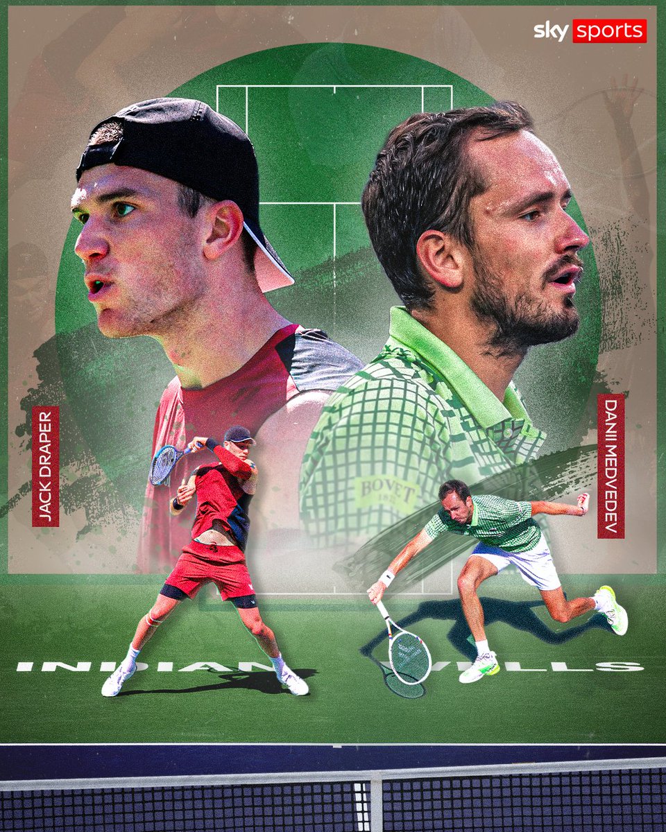 SkySports's tweet photo. Can Jack Draper keep his Indian Wells title defence going against the in-form Daniil Medvedev? 💭

Watch all the action live on Sky Sports Tennis at midnight 📺🎾 https://t.co/2Pg5vPqhSd