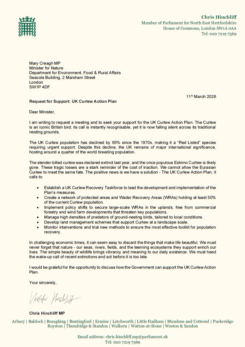 The Slender-Billed Curlew is extinct. The Eskimo Curlew likely gone.

We know the cost of inaction. Our curlew is next.

In times of crisis politicians can treat wildlife as expendable. The curlew doesn’t have time to wait.

I've asked Government to adopt the Curlew Action Plan.
