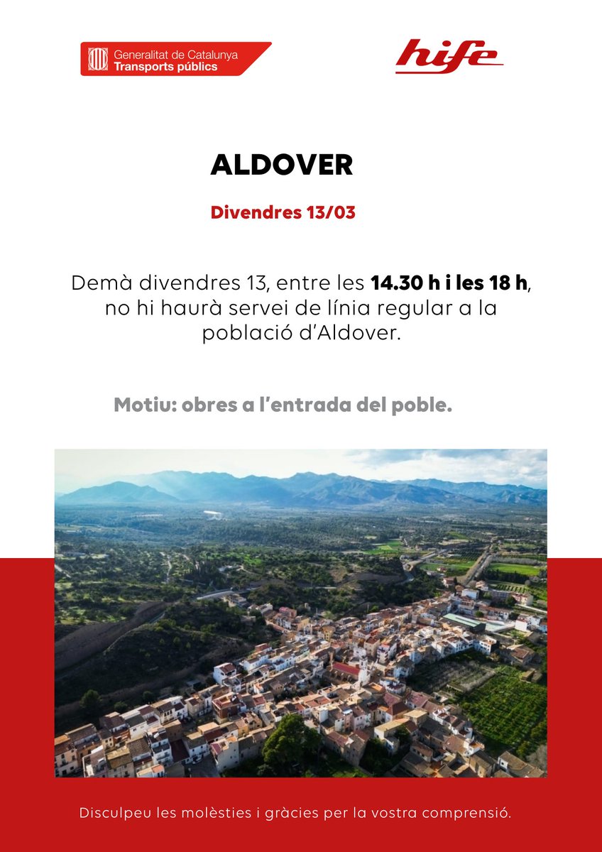 Divendres 13/03 no hi haurà servei entre les 14.30 i les 18 h per obres a l’entrada del poble.