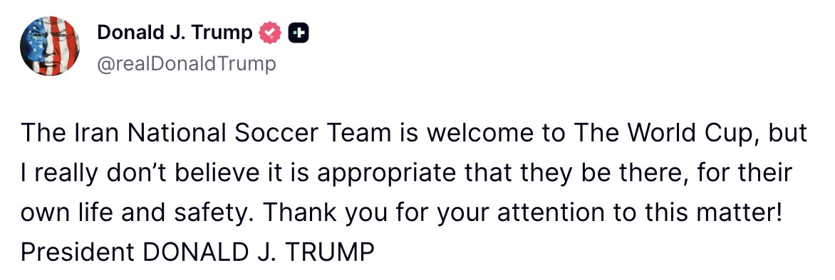 ciarantierney's tweet image. Boycott #Qatar2022 because migrant workers were treated appallingly by the organisers? ⚽️

Boycott #USA2026 because the President of the host nation has threatened the lives of one of the teams. ⚽️⚽️

@FIFAcom sure look like idiots now with their 'peace prize'

#WorldCup