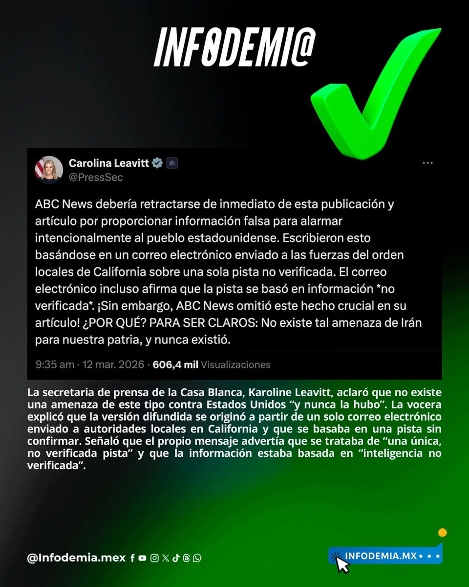 ❌Falso que el FBI advirtió sobre posibles ataques en EEUU por parte de Irán “utilizando a cárteles mexicanos”

✅La secretaria de prensa de la Casa Blanca, Karoline Leavitt, aclaró que no existe una amenaza de este tipo contra Estados Unidos “y nunca la hubo”. La vocera explicó