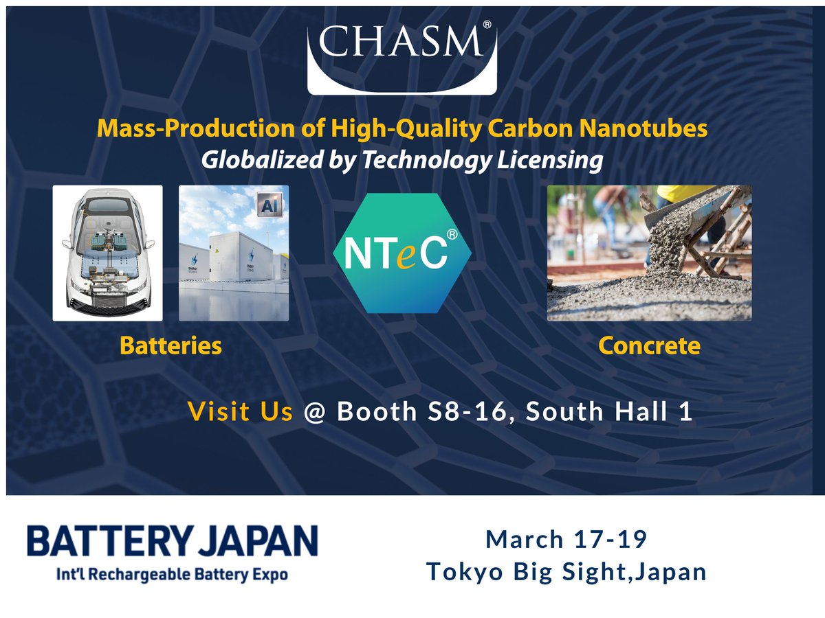 ChasmAdvanced's tweet photo. @SmartEnergyWeek  2026（#BatteryJapan を含む）に出展します！

ぜひ 南ホール1 ブース S8-16 にお立ち寄りください。
EVバッテリー、AIデータセンター向けエネルギー貯蔵、低炭素コンクリート向けの 低コストでスケーラブルなカーボンナノチューブ製造プラットフォーム と DWCNT をご紹介します https://t.co/Buf3lnkeTS