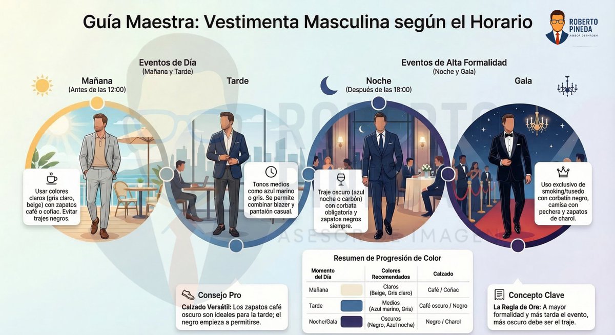 La vestimenta también comunica.

No es lo mismo vestir para un evento de mañana, tarde, noche o gala. El horario y la formalidad determinan el tipo de traje, colores y calzado.

Regla clásica de elegancia:
Mientras más tarde y más formal el evento, más oscuro debe ser el traje.