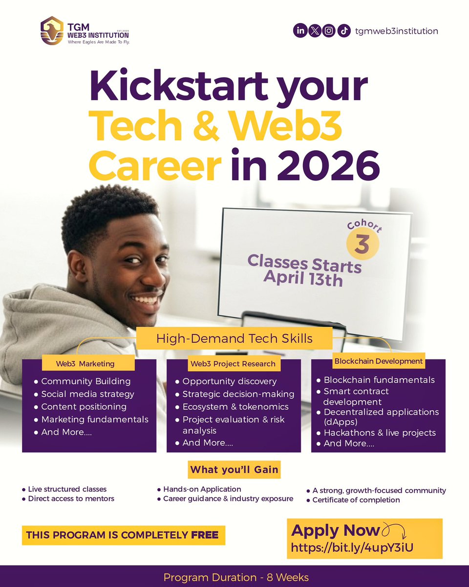 Applications for Cohort 3 are now open! 🎉

If you’re looking for a structured way to start or grow your career in Tech and Web3, this program was designed for you.

Apply here 👉 forms.gle/igsiEofgoyRxVu…

Our 8-week Cohort Training Program provides practical learning, live