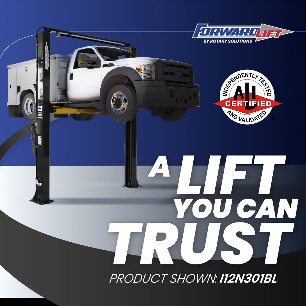 forwardlift's tweet photo. Every Forward lift is third‑party tested and ALI certified, but safe operation starts with your technicians. Always match the lift’s rated load capacity and clearances to the vehicle, and never overload or rig a lift. Use only manufacturer‑supplied adapters, improvised blocks can void certification and are dangerous.

Train every technician on proper spotting and lifting know the vehicle’s center of gravity, use the OEM’s lifting points, chock wheels and confirm stability before going underneath. If a lift shows unusual noises or erratic operation, lock it out and call a qualified service tech—don’t attempt repairs yourself.