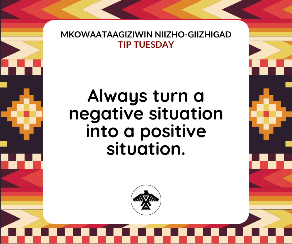 AnishNation's tweet image. Mkowaataagiziwin Niizho-Giizhigad
#TipTuesday

Always turn a negative situation into a positive situation.