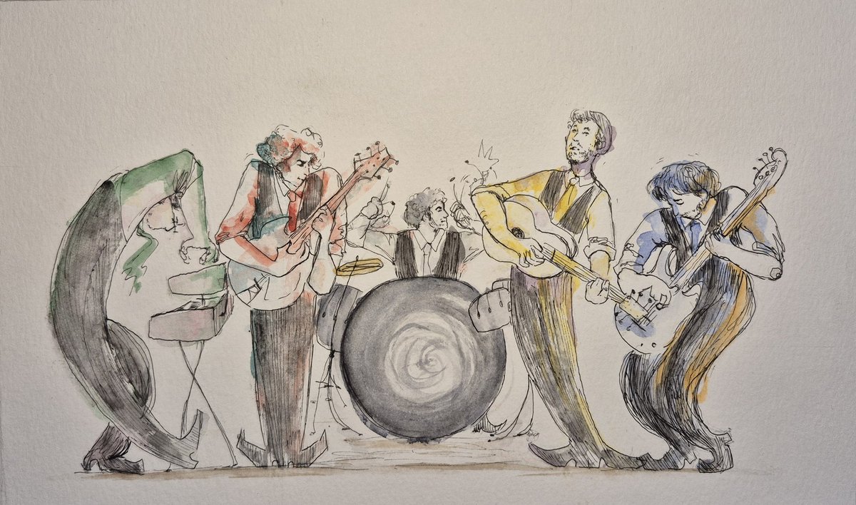 sillyjooce's tweet photo. jiggle yo boodiggle 
11 x 5.5 inch watercolour &amp; lineart piece ! 
i spent months drafting this (partially because i had next to no free time) but im pretty chuffed with the result. jazz watercolour/lineart inspired! #tallyhall https://t.co/FUTXSi02fn