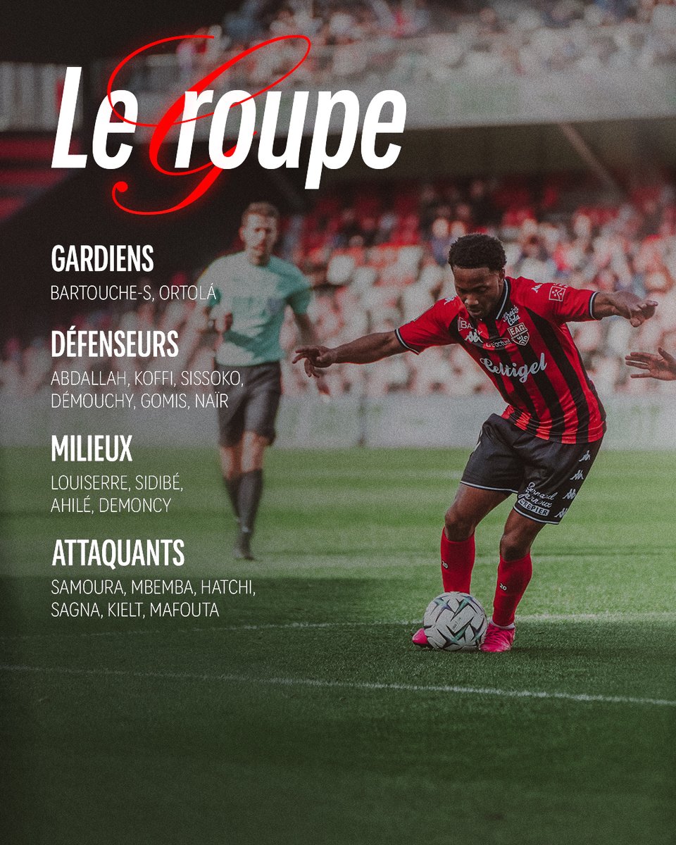 [#EAGASC] 📋 𝗦𝘆𝗹𝘃𝗮𝗶𝗻 𝗥𝗶𝗽𝗼𝗹𝗹 a convoqué un groupe de 18 joueurs pour affronter Amiens SC demain au Stade de Roudourou (20h).

#TeamEAG #WarRaok