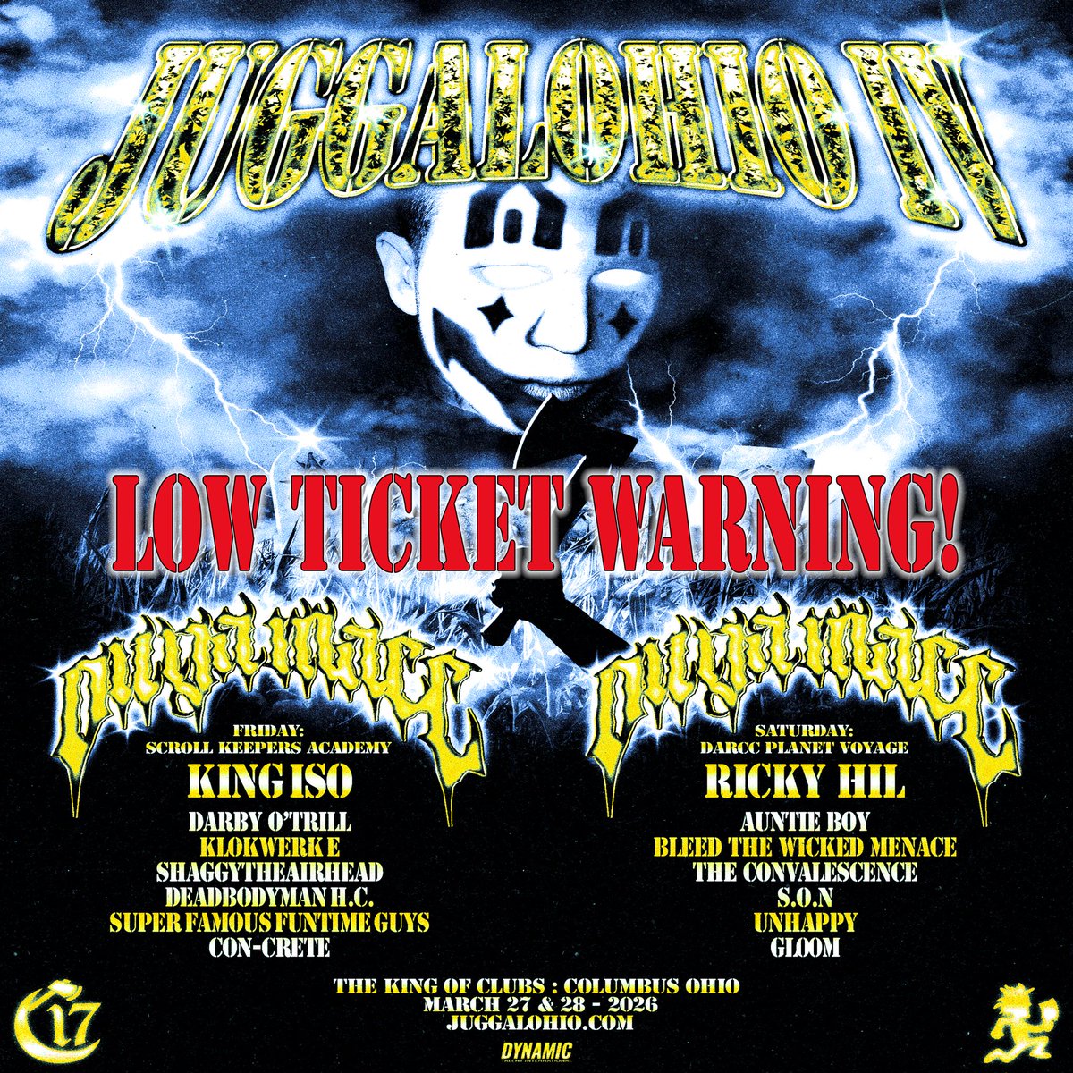 Low ticket warning!!!! Less than 50 two day passes remain… JUGGALOHIO bout 2 go crazy!!! Less than 17 VIP PASSES FOR EACH NIGHT REMAIN!!! JUGGALOHIO D0T C0M!!!!