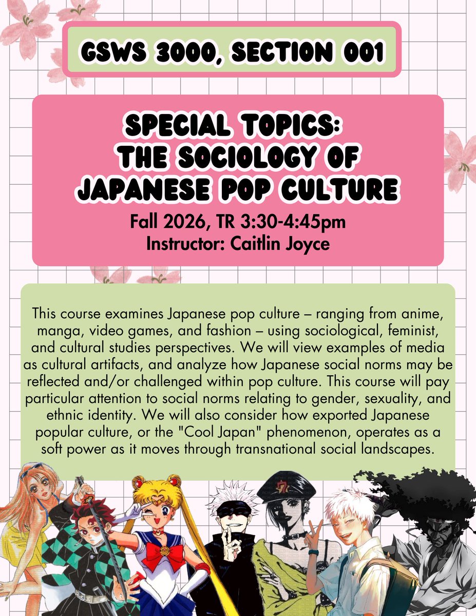 CaitlinStudies's tweet photo. In the fall, I’ll be teaching an elective at Temple on The Sociology of Japanese Pop Culture! 🌸✨ The course will include learning about sociological theory (from Western and Japanese scholars) on gender, sexuality, and ethnicity, and analyzing media as cultural artifacts. https://t.co/lT9g4x2phW