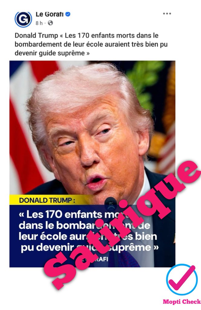MoptiCheck's tweet photo. Une image largement relayée sur Facebook montre une photo du président américain @POTUS accompagnée d’une citation particulièrement choquante : « Les 170 enfants morts dans le bombardement de leur école auraient très bien pu devenir guide suprême ».  https://t.co/jUgMRWIVlP https://t.co/JyPFpuw5Az
