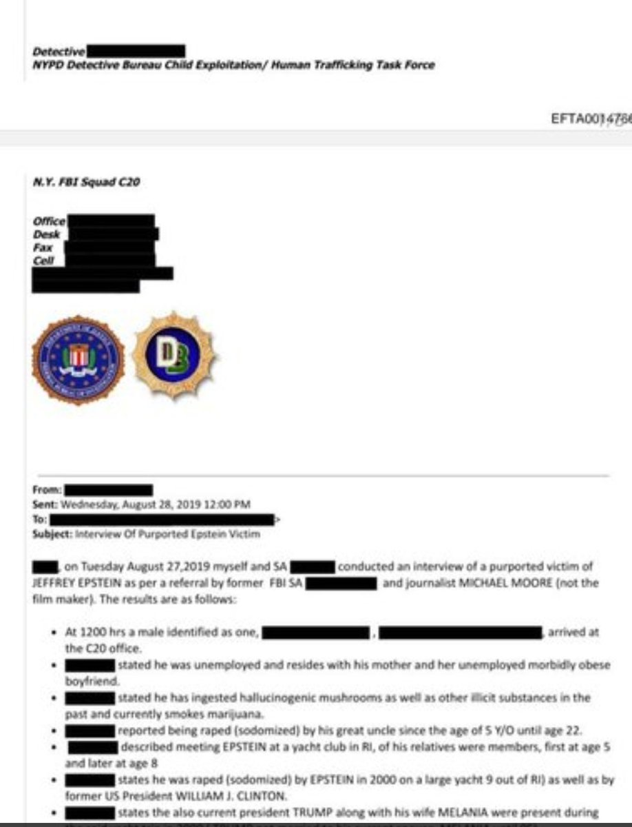 ÚLTIMA HORA: UNO DE LOS PEORES DOCUMENTOS PARA DONALD TRUMP EN LOS ARCHIVOS DE EPSTEIN.

"PRESENCIÓ COMO DESMEMBRABAN A UN BEBÉS, LES EXTRAIAN LOS INTESTINOS". TRUMP Y SU ESPOSA MELANIA ESTUVIERON PRESENTE".

ARCHIVOS DE EPSTEIN:
EFTA00147661