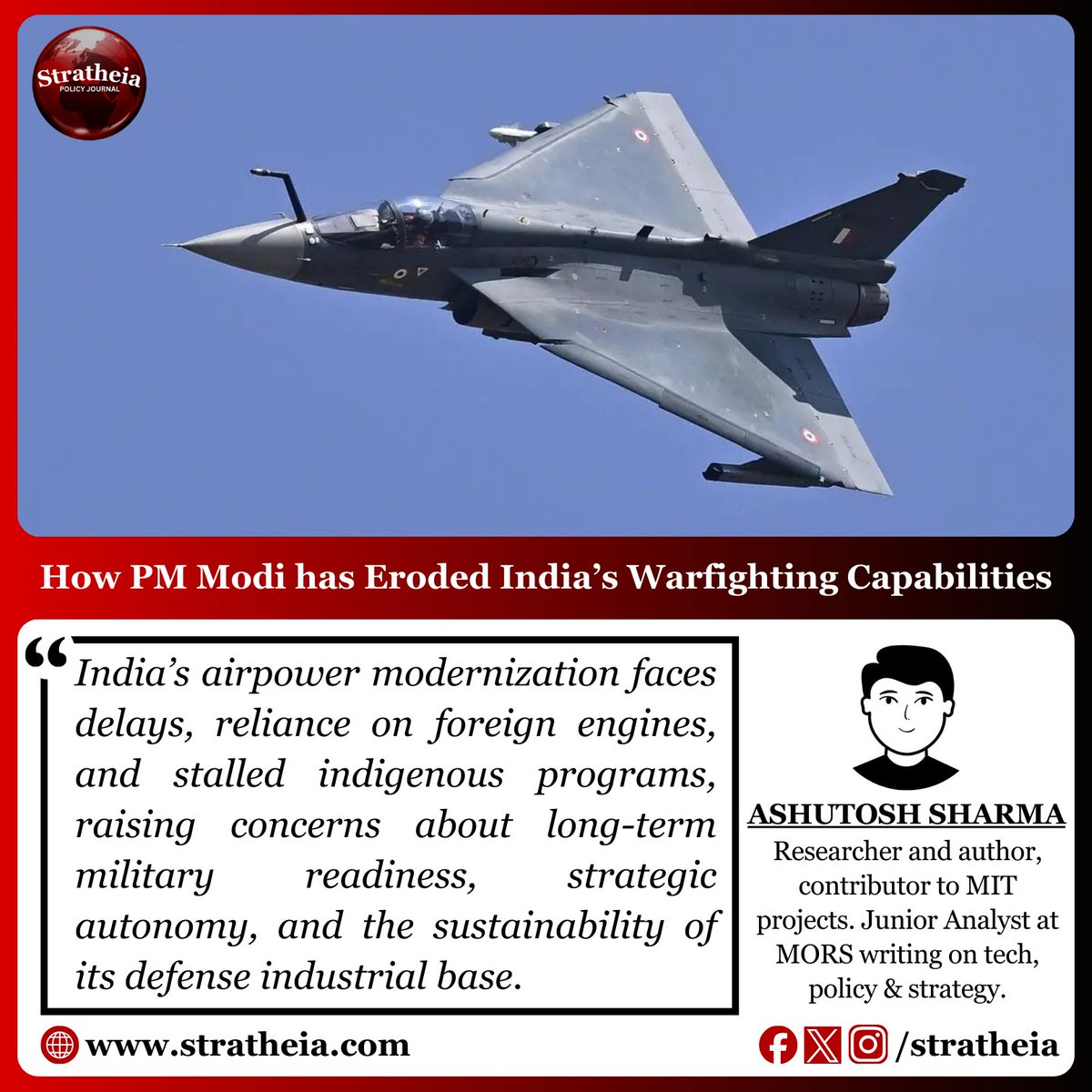 stratheia's tweet image. Airpower remains a cornerstone of modern military strength. India’s ongoing challenges with fighter aircraft production highlight the importance of sustaining indigenous aerospace development and reducing reliance on external suppliers.
#AirPower #India #IndigenousDefense