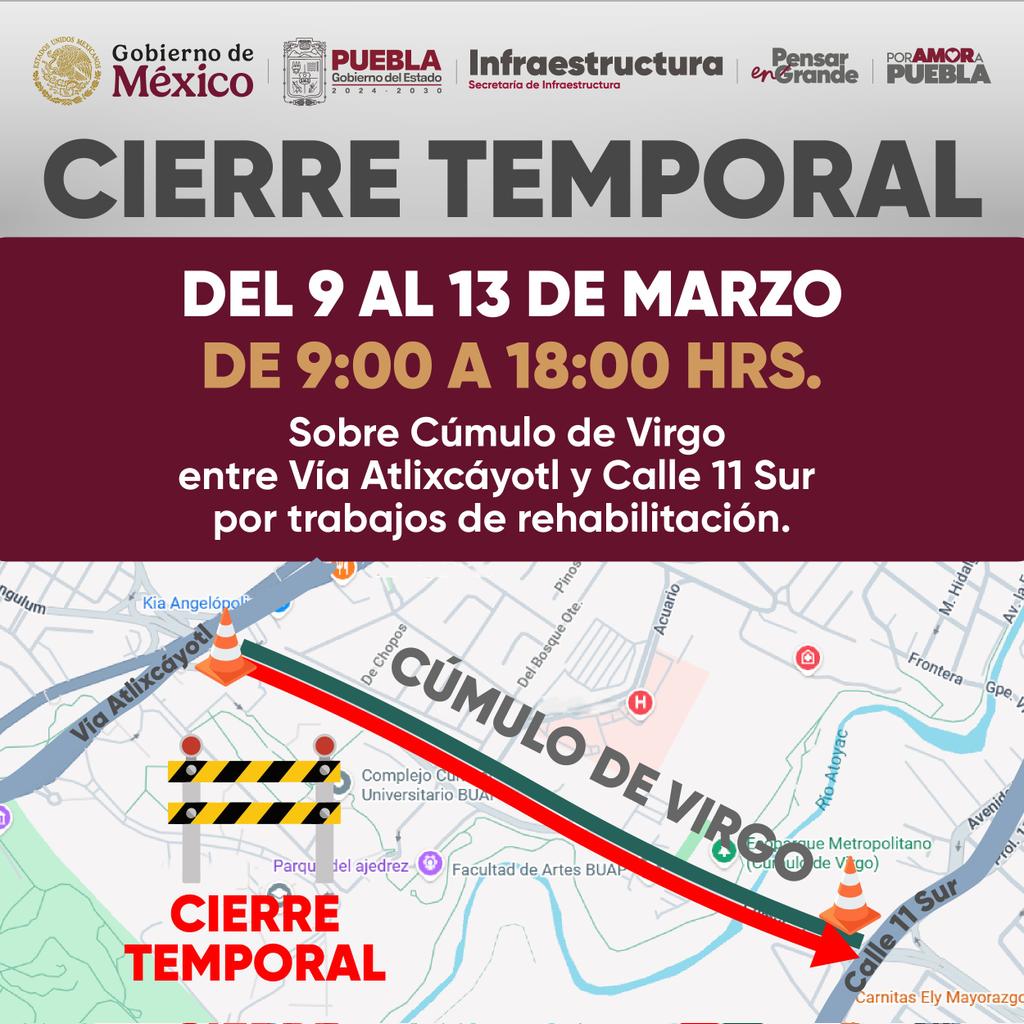 MuralEducativo's tweet photo. 🚨#Precaución / La Secretaría de Infraestructura (@InfraGobPue) informa #CIERRE PARCIAL E #INTERMITENTE sobre Cúmulo de Virgo entre Calle 11 Sur y #Vía Atlixcáyotl. @Gob_Puebla
@JManuelC_Puebla @TraficoPuebla @TransporteUDLAP https://t.co/j4LOts08C1