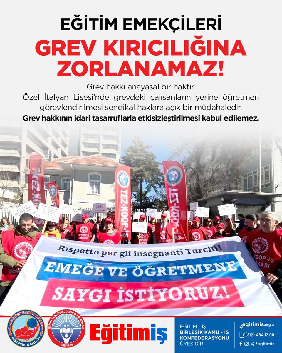 _huseyinselcuk's tweet photo. MEB’İN ÖZEL İTALYAN LİSESİ’NDE GREV KIRICILIĞI YAPMASI KABUL EDİLEMEZ!

İstanbul Özel İtalyan Lisesi’nde görev yapan Türk öğretmenlerin, İtalyan öğretmenlerle aralarındaki devasa maaş uçurumuna karşı “eşit işe eşit ücret” talebiyle başlattıkları onurlu direniş; doğrudan sermayenin ve bekçiliğine soyunan Milli Eğitim Bakanlığı’nın ortak saldırısı altındadır.

Öğretmenlerin en temel ve meşru hak talepleri karşısında köşeye sıkışan okul yönetiminin imdadına, MEB yetişmiştir. Bakanlık ve yerel idareler, “derslerin boş geçmemesi” ve “öğrencilerin mağdur olmaması” gibi kılıflarına arkasına saklanarak, geçici görevlendirmelerle sermayenin muhafızlığına soyunmaktadır.

Patronların imdadına devlet aygıtlarını kullanarak yetişen Bakanlık, açıkça “grev kırıcılık” yapmaktadır. MEB; eğitim emekçilerinin alın terini ve meslek onurunu korumak yerine, sermayenin safında hizalanmayı ve onun bekçiliğini yapmayı seçmiştir.

Yapılan bu müdahale ile Anayasa’nın 54. maddesiyle güvence altına alınan grev hakkı ve 6356 sayılı Sendikalar ve Toplu İş Sözleşmesi Kanunu’nun “İşçi Alma ve Başka İşe Girme Yasağı” başlıklı 68. maddesi fiilen gasp edilmektedir. İşvereni korumak adına hukuku ayaklar altına alan Bakanlık, eğitim emekçilerinin en temel sendikal haklarına saldırarak anayasal bir suç işlemektedir. Grev; sömürüye karşı emekçinin en meşru hakkıdır.

Eğitim-İş olarak açıkça uyarıyoruz:

Bizlere giydirilmeye çalıştığını grev kırıcılığı utanç gömleğini yırtıp atacağız. MEB derhal bu hukuksuz ve ahlaksız görevlendirmelerden vazgeçmeli, Özel İtalyan Lisesi yönetimi de öğretmenlerin “eşit işe eşit ücret” talebini derhal kabul etmelidir.

Alın terimizin sömürülmesine, mesleğimizin değersizleştirilmesine asla geçit vermeyeceğiz. Özel İtalyan Lisesi öğretmelerinin onurlu direnişi; tüm eğitim emekçilerinin ortak kavgasıdır. Haklı talepleri karşılanana dek direnen öğretmenlerimizin yanında olmaya devam edeceğiz.