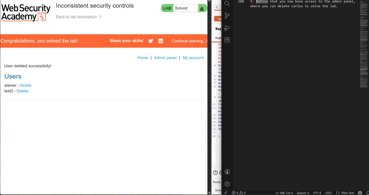 Day 96/97 

I learned about Inconsistent security controls and worked out the lab to gain more knowledge about how it can be performed

<a href="/real_nuelOj/">Nuel</a> <a href="/elormkdaniel/">Elorm Daniel</a> <a href="/ireteeh/">Dr Iretioluwa Akerele</a> <a href="/TemitopeSobulo/">Temitope Sobulo🛡️</a> <a href="/ce3nerd/">cybernerd🤖</a> <a href="/Shabosec/">Koupon</a> <a href="/Cyblackorg/">CyBlack</a> <a href="/CybarikGlobal/">Cybarik</a>