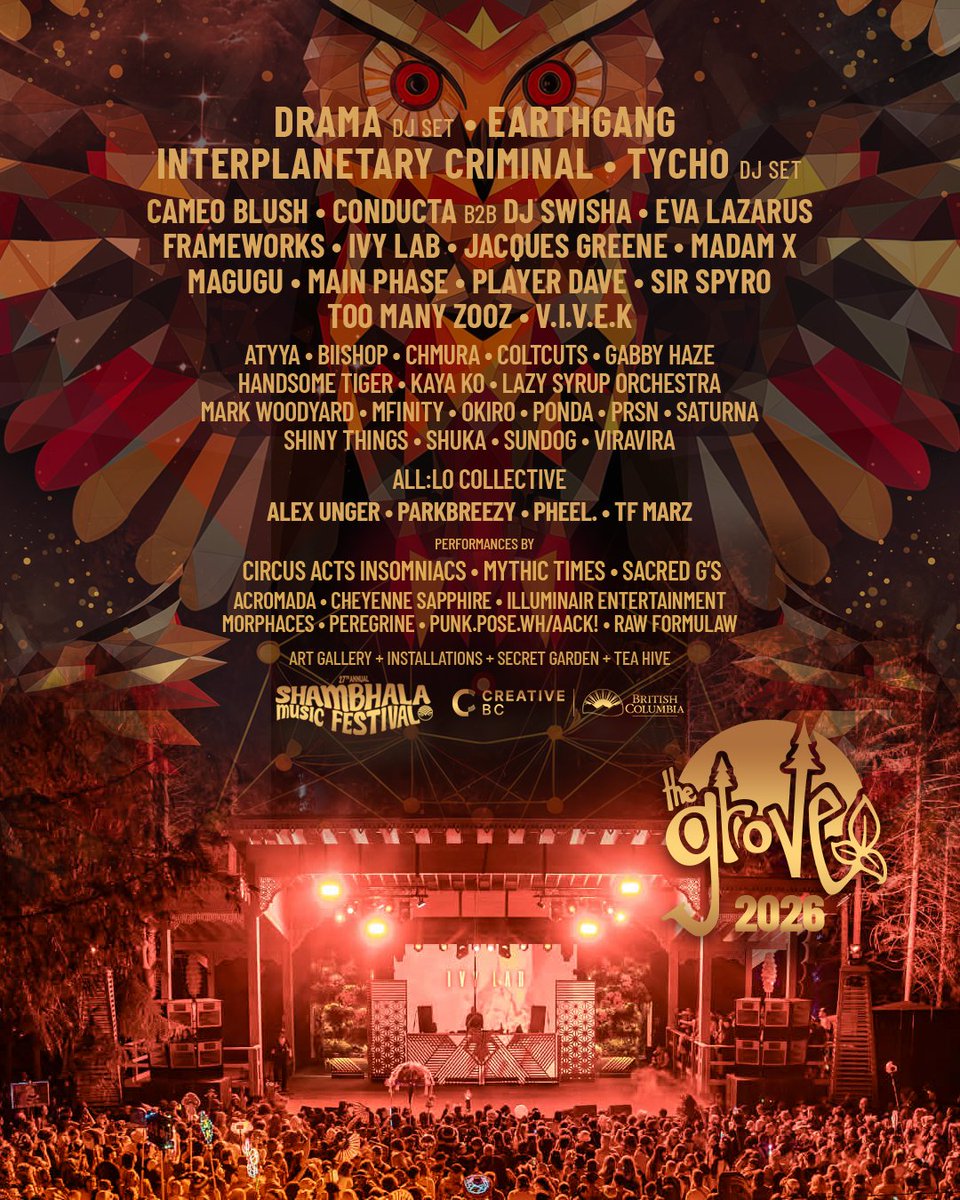 shambhala_mf's tweet photo. The Grove Stage 2026 Lineup 🌿 The Grove is your home for organic soundscapes and immersive performance art. Get pumped with the Grove Stage playlist: https://t.co/LigSVP9O9p

📸 Don Idio
🎨Onbeyond Metamedia https://t.co/QkSPEYiasz