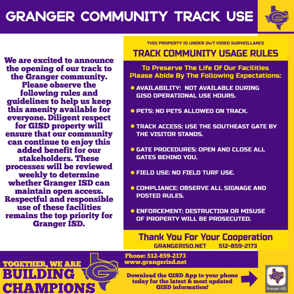 Granger_Lions's tweet image. Lion Nation! We are excited to open the track for community use and respectfully ask everyone to partner with us as we navigate the responsibility of stewardship of tax-payer dollars that funded these remarkable spaces.  #WeAreOneCommunity #GHSPride #LionNation