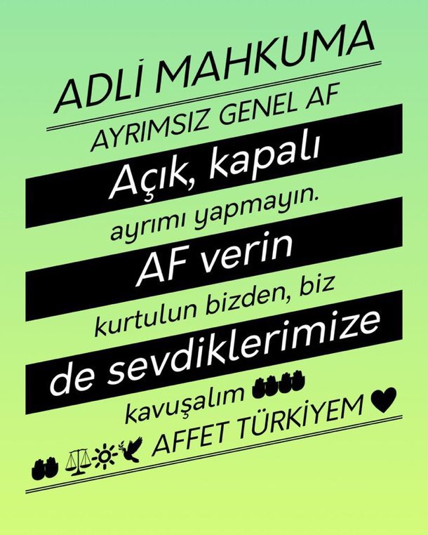 GenelAf UmutOlur
#AilemİçinEhliyetAffı   <a href="/dbdevletbahceli/">Devlet Bahçeli</a>  <a href="/eczozgurozel/">Özgür Özel</a>  <a href="/YildizFeti/">Feti Yıldız</a>  <a href="/RTErdogan/">Recep Tayyip Erdoğan</a>