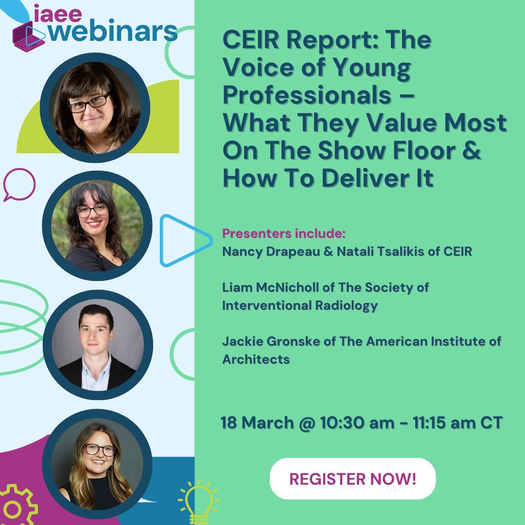 IAEE_HQ's tweet image. Join the Insider Session on 18 March at 10:30 AM CT! Discover what Gen Z &amp;amp; YPs value most on show floors and how to boost engagement. Register now! #TradeShows #CEIR #webinar tinyurl.com/3xm6z5pz