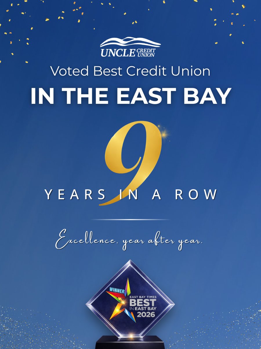UNCLE Credit Union has been named the Best Credit Union in the East Bay for the ninth consecutive year! ✨A huge THANK YOU to our incredible members for trusting us, supporting us, and making this achievement possible year after year. We couldn’t do it without you! 💙