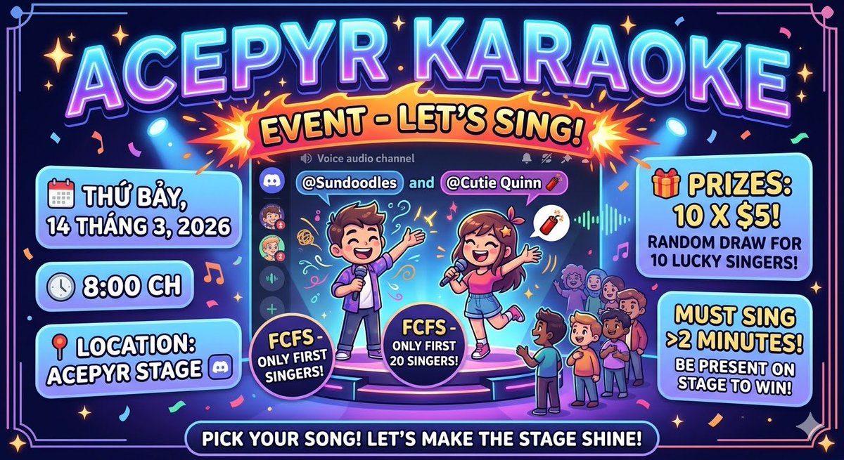 🎤 ACEPYR KARAOKE - LÊN MIC LÀ CÓ QUÀ, K ĐÙA ĐÂU NÀ!

Cuối tuần này ae mình làm tí "văn nghệ văn gừng" cho xôm tụ chứ nhỉ? Đợt này <a href="/acepyr_/">Acepyr</a>  chơi lớn, mở hẳn kèo Karaoke Event để ae giải khuây, mà quan trọng là hát hay k bằng hay hát, cứ lên Stage là có cơ hội